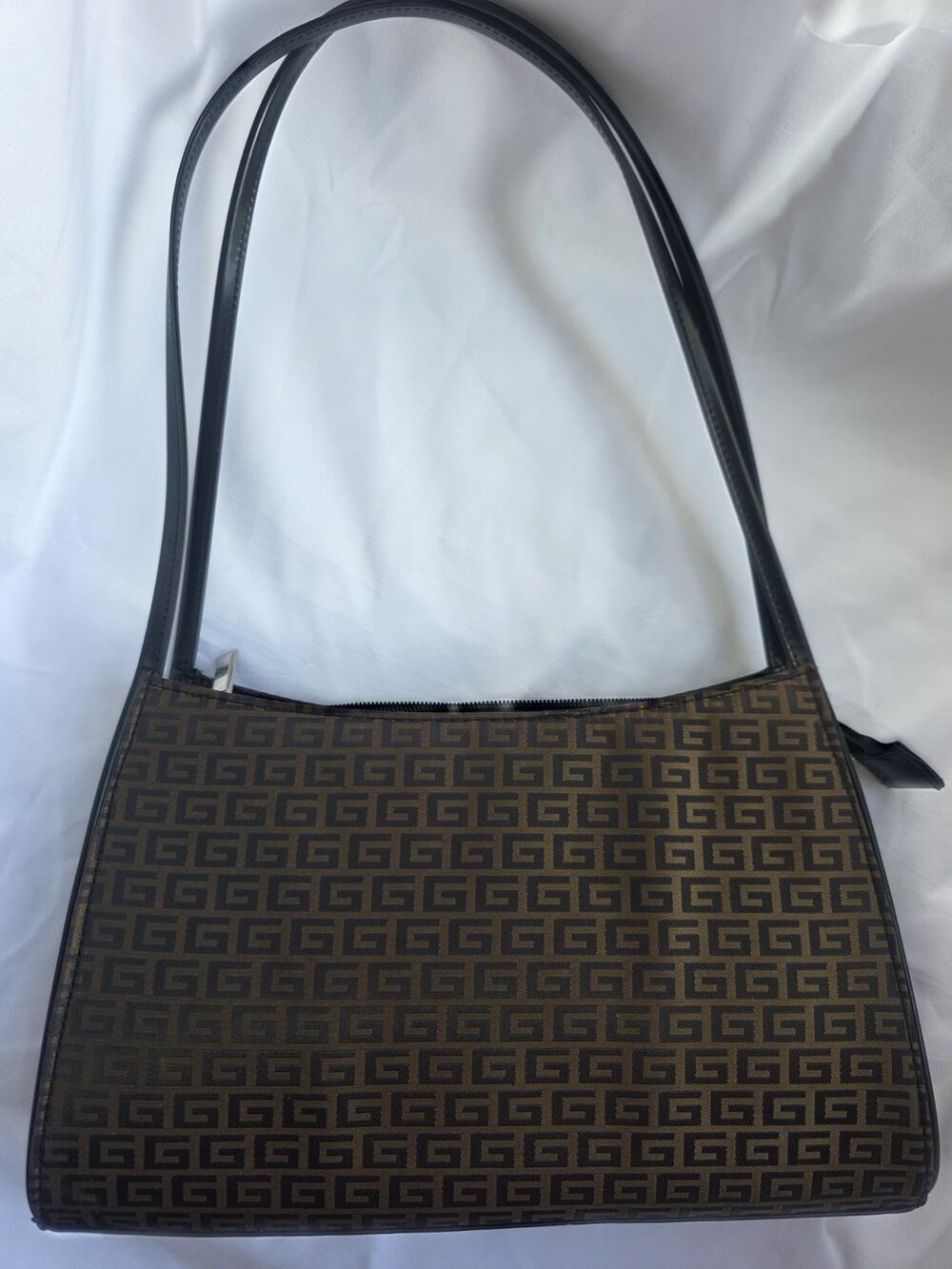 Brown Black Geometric Shoulder Bag Zip Top Black Faux Leather Strap Silver